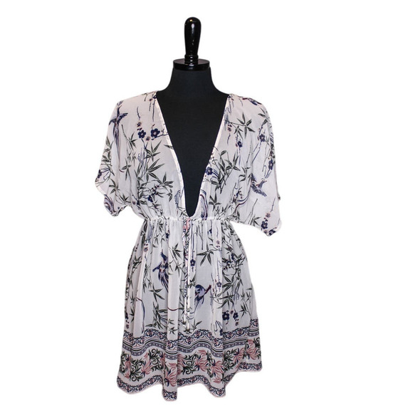 Francesca's Swim Coverup Sheer Floral Birds Short Sleeve Deep V Neck L - Picture 1 of 3